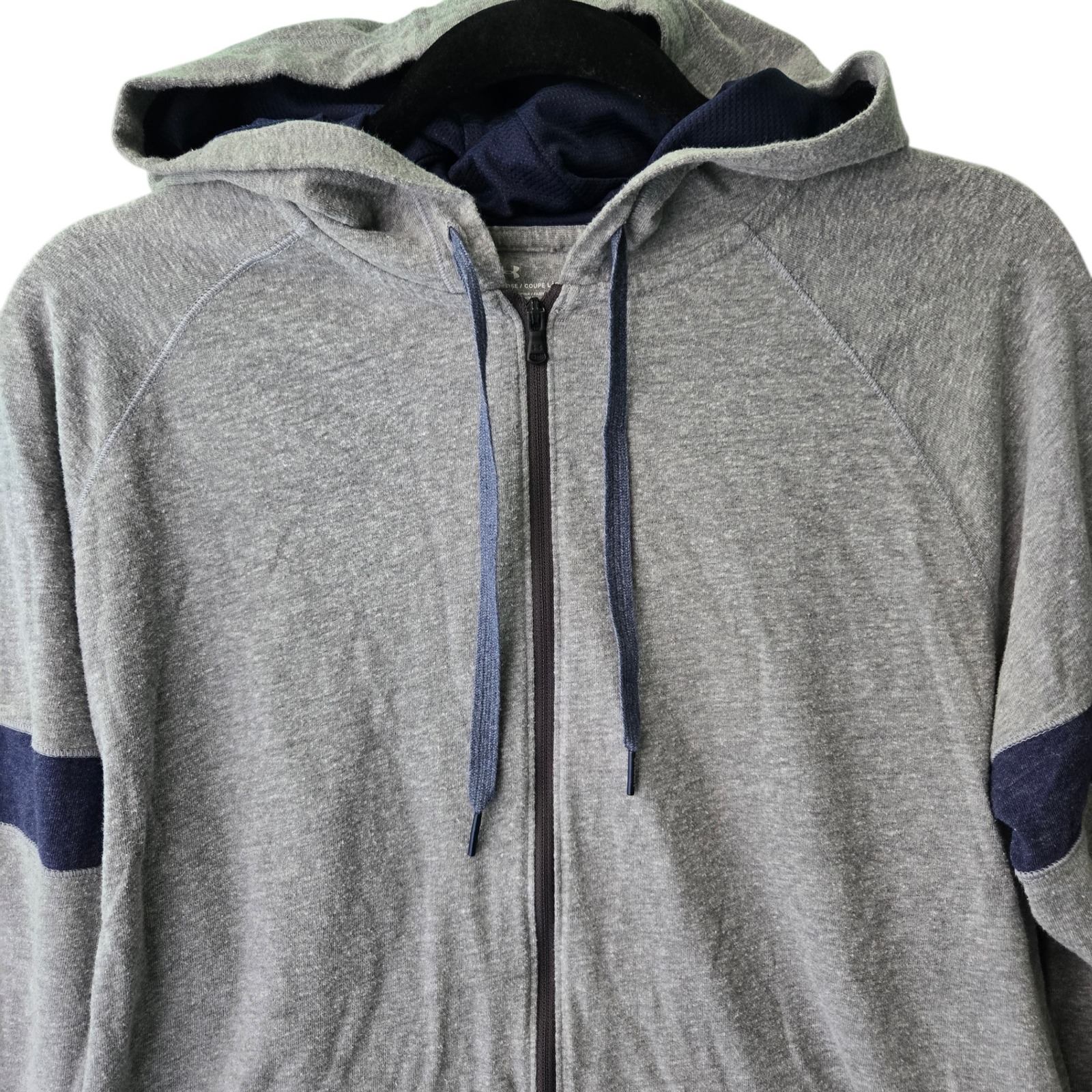 Under Armour Mens Gray Navy Blue Full Zip Hoodie Loose Fit Large Striped Raglan